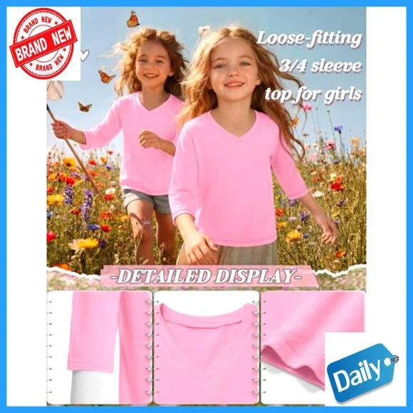 Girls 3-Pack 3/4 Sleeve V-Neck Tees Soft Loose Fit Lightweight Blouses